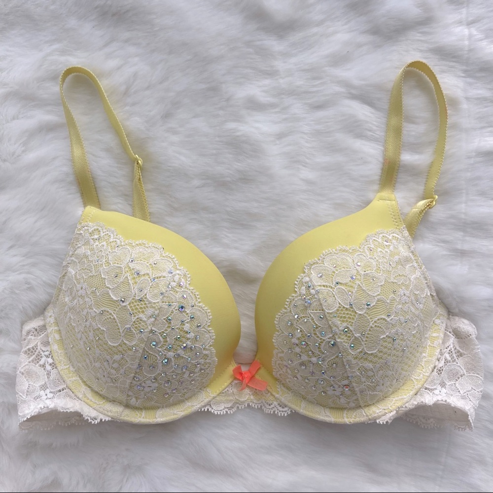 VS yellow and white lace dream angels push up bra 32C